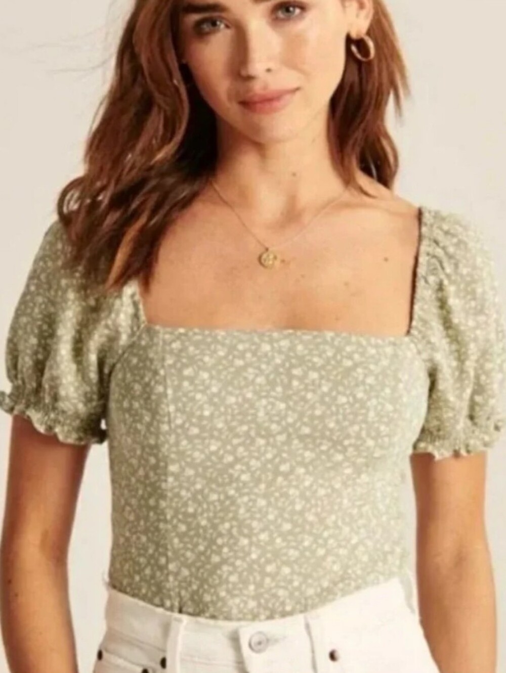 A&F Light Green Floral Puff Sleeve Smocked Crop Top Corset Style, Size Small
